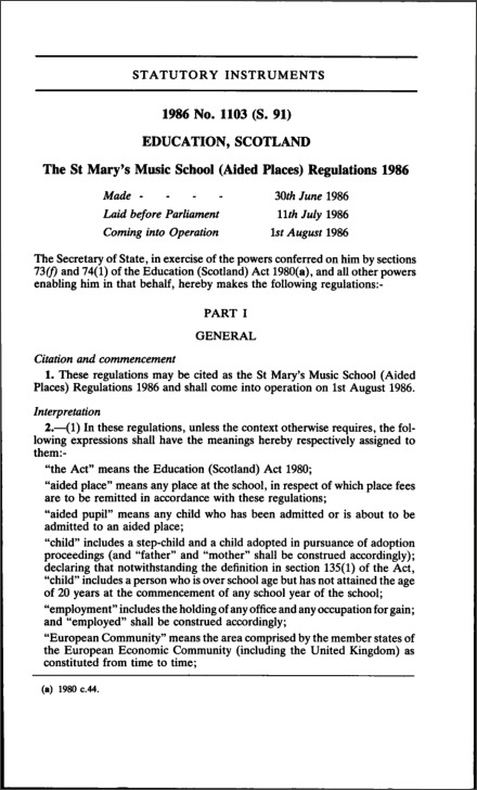 The St Mary’s Music School (Aided Places) Regulations 1986