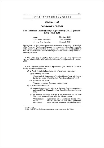 The Consumer Credit (Exempt Agreements) (No.2) (Amendment) Order 1986