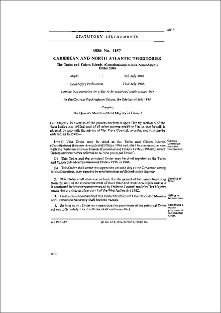 The Turks and Caicos Islands (Constitution)(Interim Amendment) Order 1986