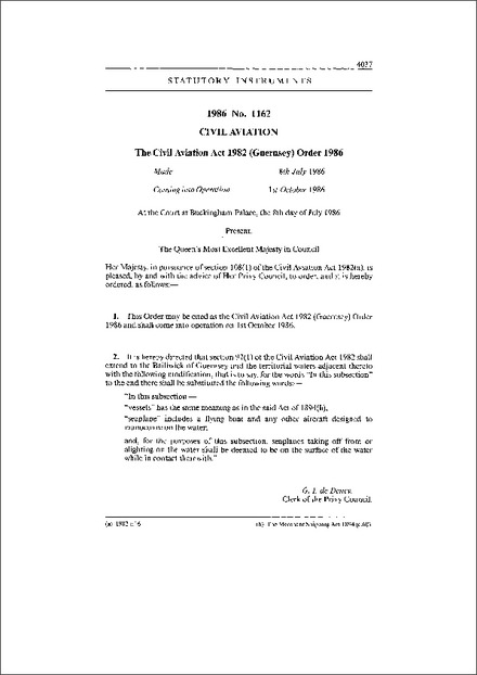 The Civil Aviation Act 1982 (Guernsey) Order 1986