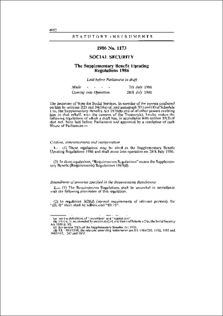 The Supplementary Benefit Uprating Regulations 1986
