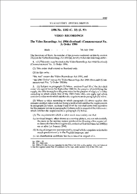 The Video Recordings Act 1984 (Scotland) (Commencement No. 3) Order 1986