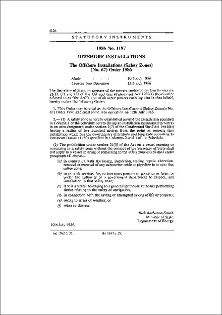 The Offshore Installations (Safety Zones) (No. 67) Order 1986