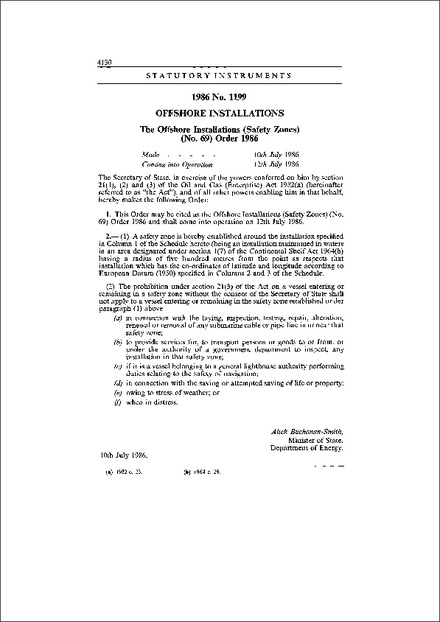 The Offshore Installations (Safety Zones) (No. 69) Order 1986