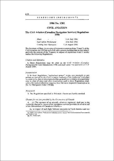 The Civil Aviation (Canadian Navigation Services) Regulations 1986