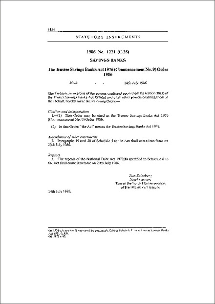 The Trustee Savings Banks Act 1976 (Commencement No. 9) Order 1986