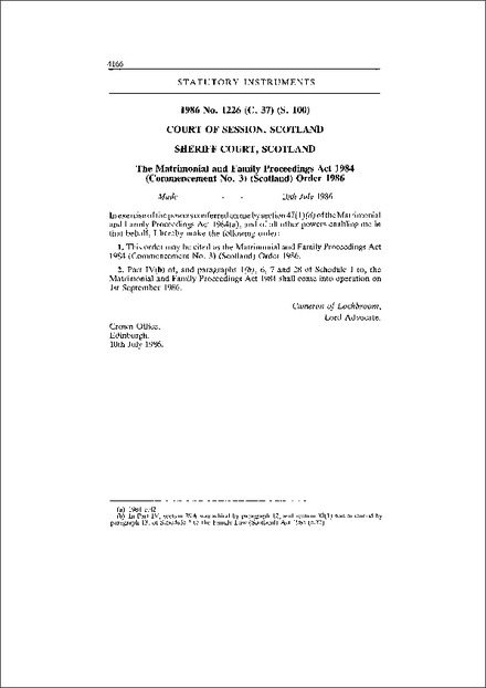 The Matrimonial and Family Proceedings Act 1984 (Commencement No. 3) (Scotland) Order 1986