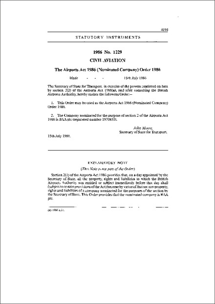The Airports Act 1986 (Nominated Company) Order 1986