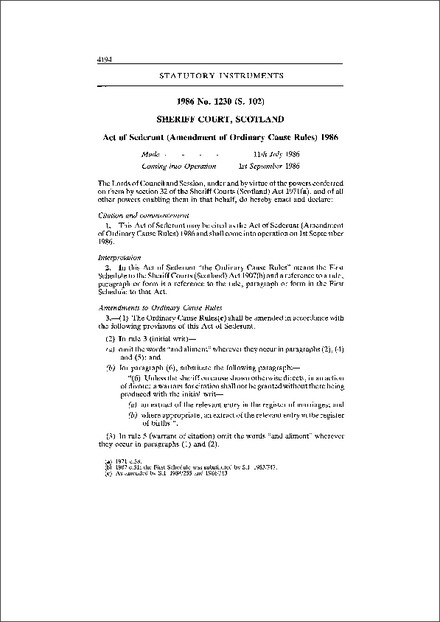 Act of Sederunt (Amendment of Ordinary Cause Rules) 1986