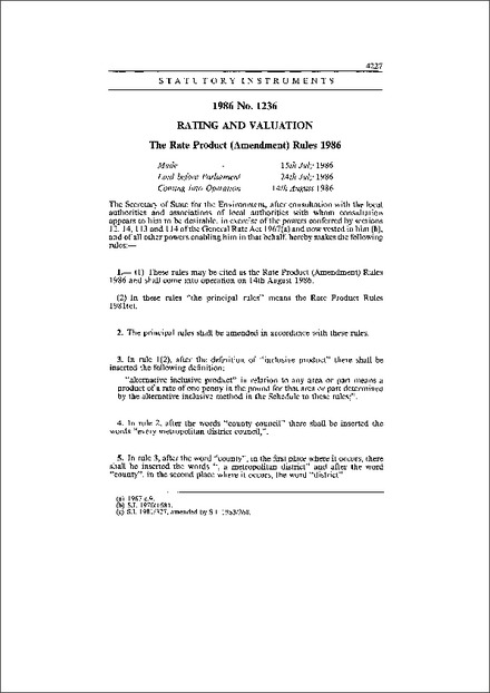 The Rate Product (Amendment) Rules 1986