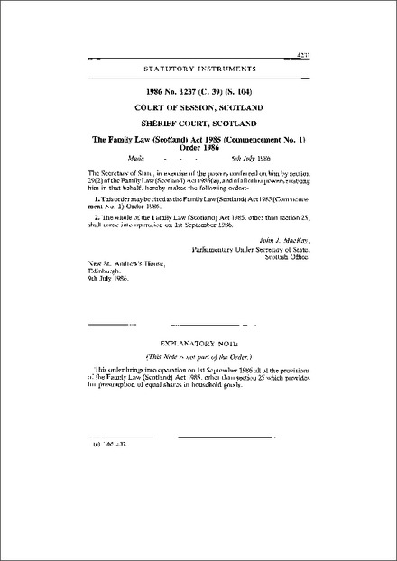 The Family Law (Scotland) Act 1985 (Commencement No. 1) Order 1986
