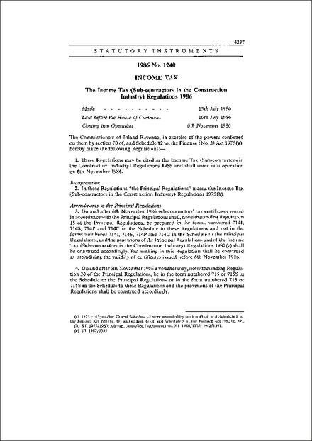 The Income Tax (Sub-contractors in the Construction Industry) Regulations 1986
