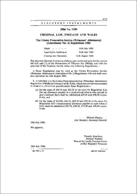 The Crown Prosecution Service (Witnesses' Allowances) (Amendment No. 2) Regulations 1986
