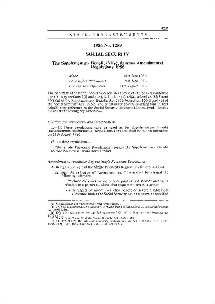 The Supplementary Benefit (Miscellaneous Amendments) Regulations 1986
