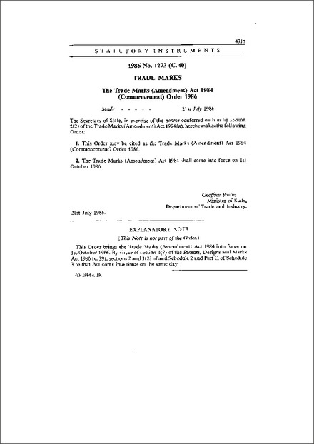 The Trade Marks (Amendment) Act 1984 (Commencement) Order 1986