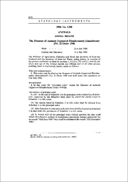 The Diseases of Animals (Approved Disinfectants) (Amendment) (No. 2) Order 1986