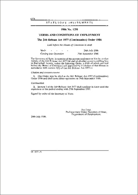 The Job Release Act 1977 (Continuation) Order 1986