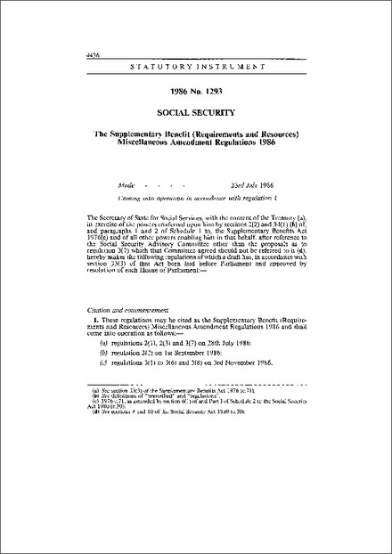 The Supplementary Benefit (Requirements and Resources) Miscellaneous Amendment Regulations 1986