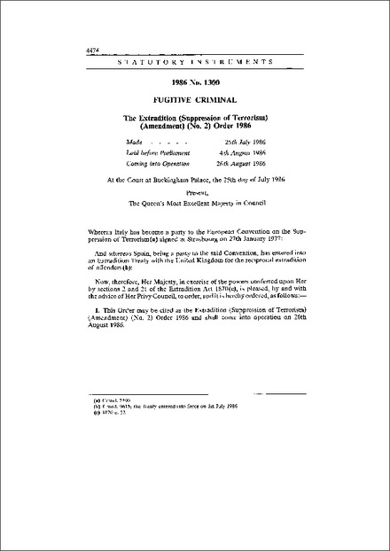 The Extradition (Suppression of Terrorism) (Amendment) (No. 2) Order 1986