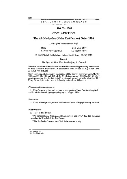 The Air Navigation (Noise Certification) Order 1986