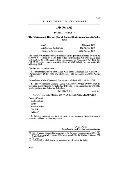The Watermark Disease (Local Authorities) (Amendment) Order 1986