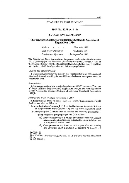 The Teachers (Colleges of Education) (Scotland) Amendment Regulations 1986