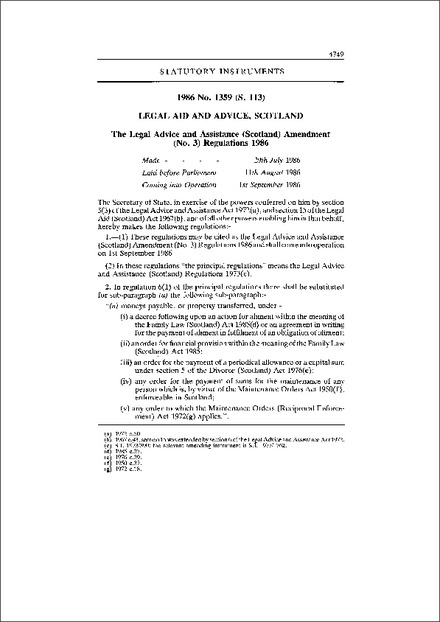 The Legal Advice and Assistance (Scotland) Amendment (No. 3) Regulations 1986