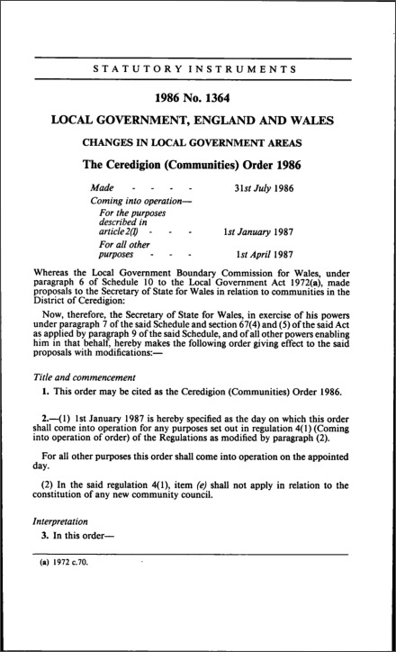 The Ceredigion (Communities) Order 1986