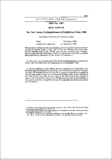 The New Towns (Extinguishment of Liabilities) Order 1986