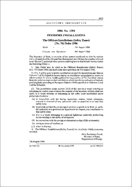 The Offshore Installations (Safety Zones) (No. 76) Order 1986