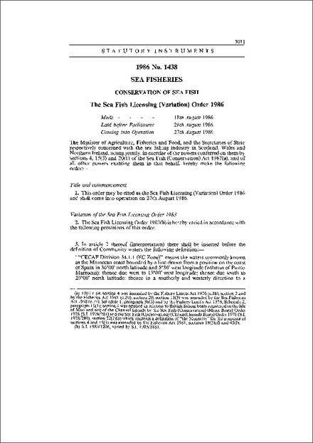The Sea Fish Licensing (Variation) Order 1986
