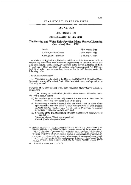 The Herring and White Fish (Specified Manx Waters) Licensing (Variation) Order 1986