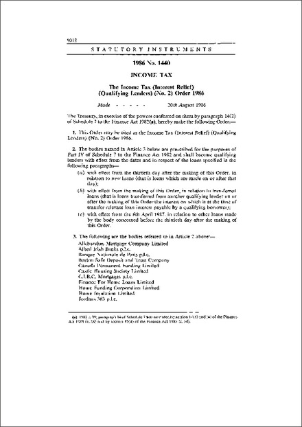 The Income Tax (Interest Relief) (Qualifying Lenders) (No. 2) Order 1986