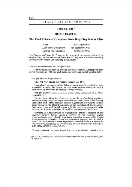 The Road Vehicles (Exemptions from Duty) Regulations 1986