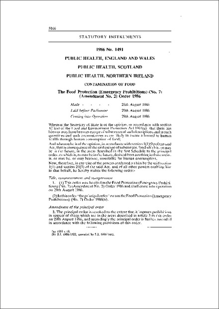 The Food Protection (Emergency Prohibitions) (No. 7) (Amendment No. 2) Order 1986