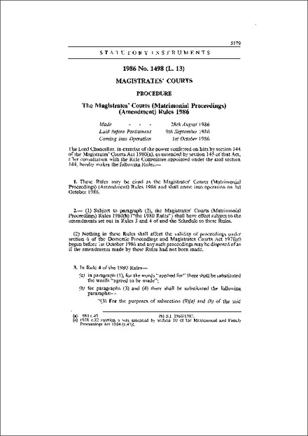 The Magistrates' Courts (Matrimonial Proceedings) (Amendment) Rules 1986