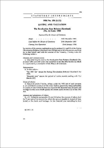 The Revaluation Rate Rebates (Scotland) (No. 2) Order 1985