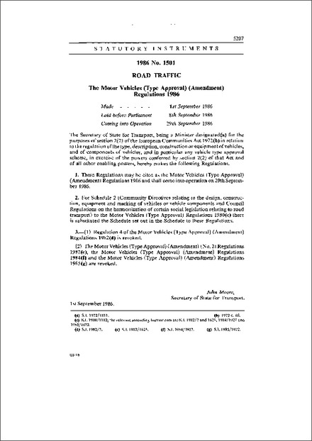 The Motor Vehicles (Type Approval) (Amendment) Regulations 1986