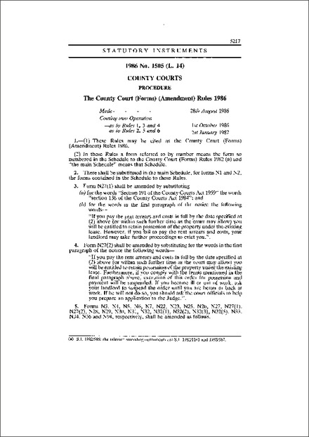 The County Court (Forms) (Amendment) Rules 1986