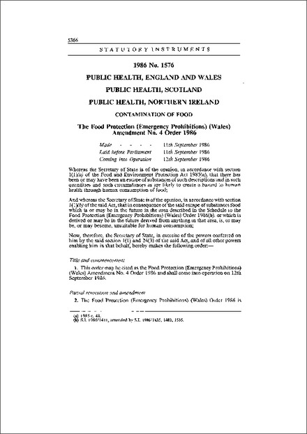 The Food Protection (Emergency Prohibitions) (Wales) Amendment No. 4 Order 1986