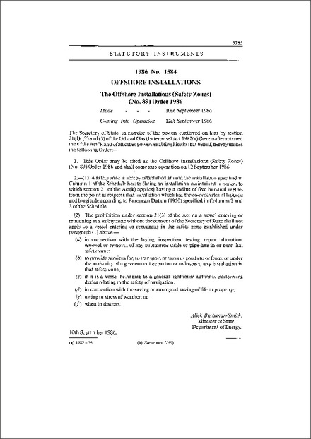 The Offshore Installations (Safety Zones) (No. 89) Order 1986