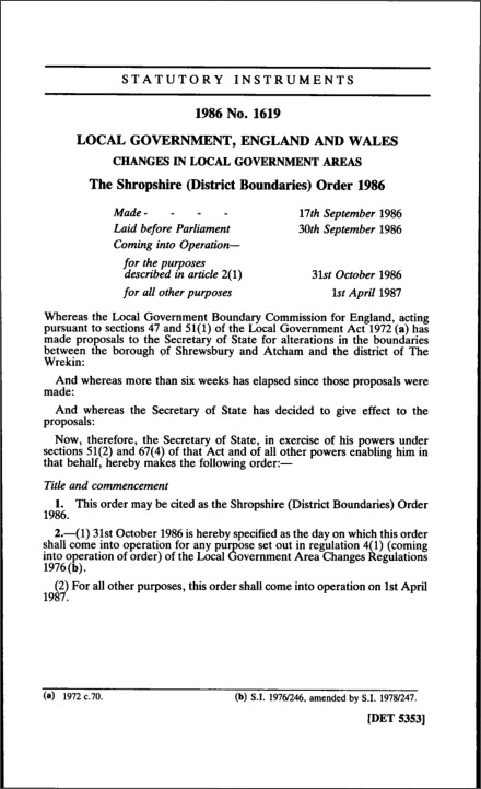 The Shropshire (District Boundaries) Order 1986