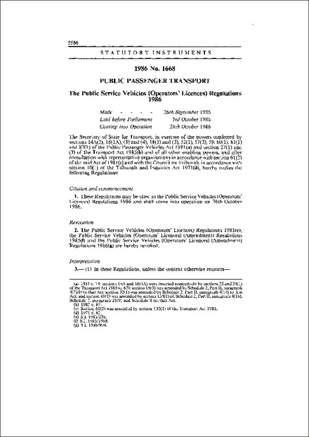 The Public Service Vehicles (Operators' Licences) Regulations 1986