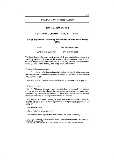 Act of Adjournal (Summary Procedure) (Intimation of Diets) 1986