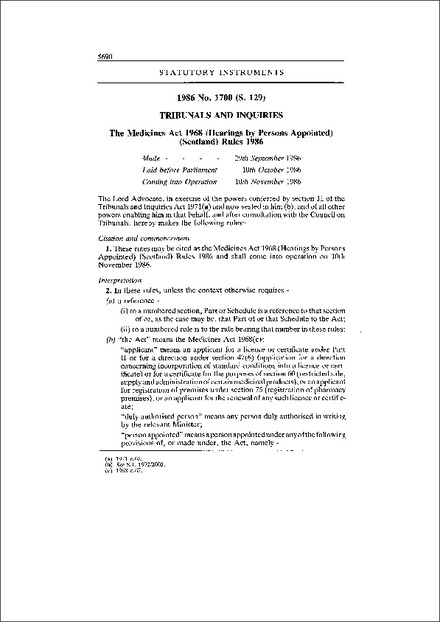 The Medicines Act 1968 (Hearings by Persons Appointed) (Scotland) Rules 1986
