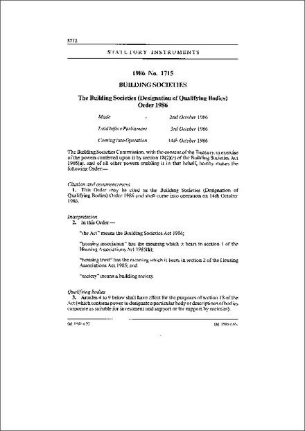 The Building Societies (Designation of Qualifying Bodies) Order 1986
