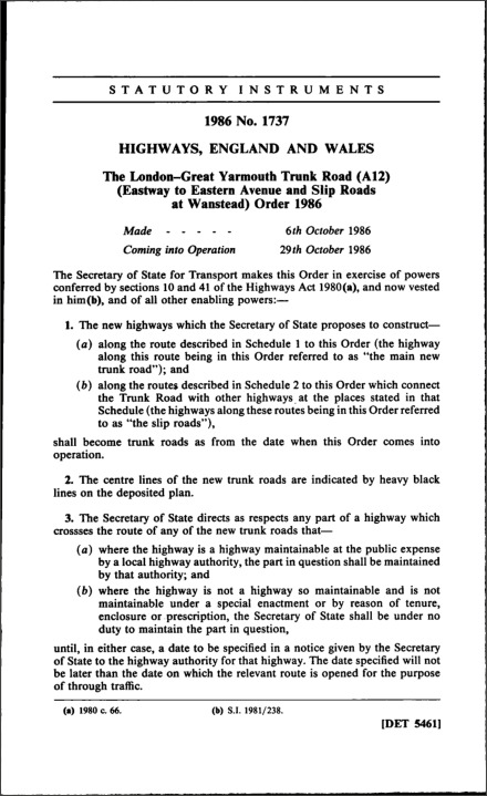The London—Great Yarmouth Trunk Road (A12) (Eastway to Eastern Avenue and Slip Roads at Wanstead) Order 1986