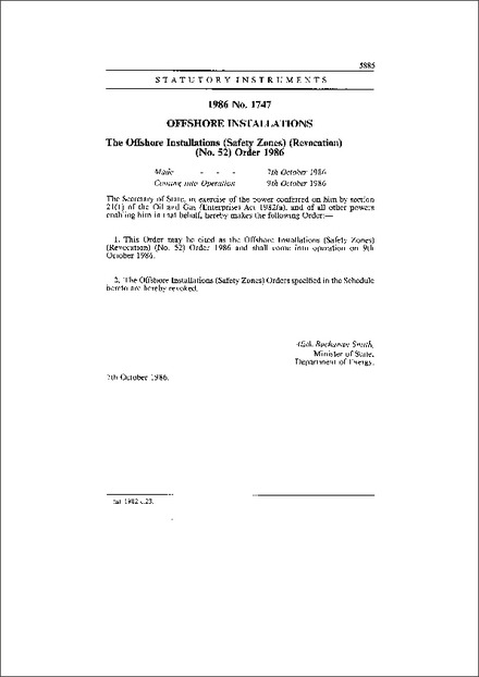 The Offshore Installations (Safety Zones) (Revocation) (No. 52) Order 1986