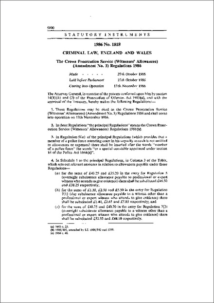 The Crown Prosecution Service (Witnesses' Allowances) (Amendment No. 3) Regulations 1986