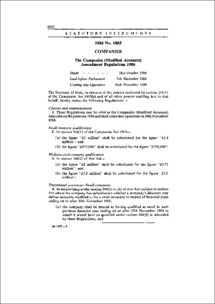 The Companies (Modified Accounts) Amendment Regulations 1986
